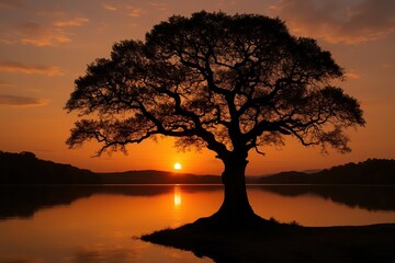 Naklejka premium Majestic oak tree standing sentinel against tranquil lake waters during spectacular golden hour sunset
