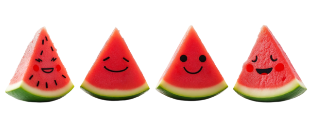 A close up  four slices  watermelon with faces drawn on them.
