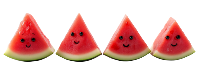 A close up  four slices  watermelon with faces drawn on them.