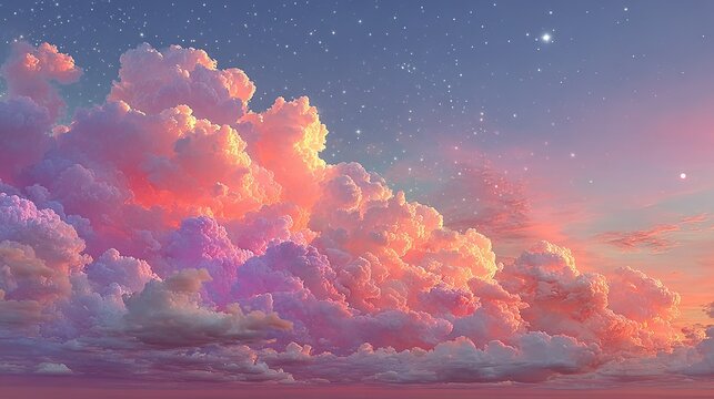 Colorful cloudscapes at twilight with a starry sky.