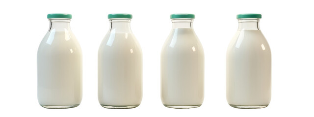 A   four glass milk bottles with green lids.