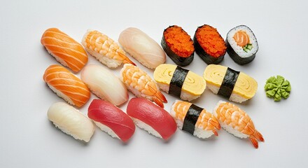 Assorted Sushi Pieces and Wasabi on White Background