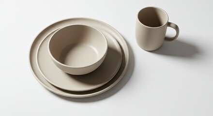 Beige Dinnerware Set on White Background