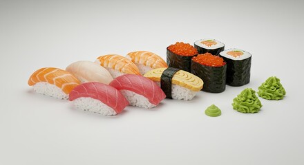 Assortment of Sushi with Wasabi on White Surface