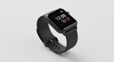 Black Smartwatch with Digital Display on White Background