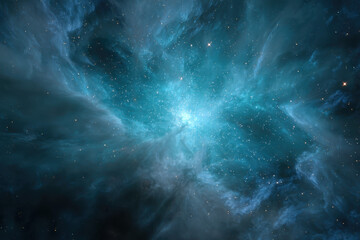 Fototapeta premium Abstract blue nebula emanates light from center star, creating serene and awe inspiring cosmic scene