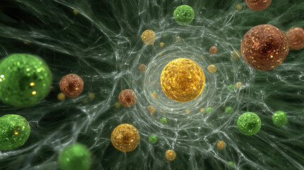 Dynamic scene with colliding particles conveys sense of intense energy and excitement, as vibrant orbs interact within complex network