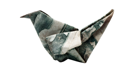 Dollar in origami crane isolated on white
