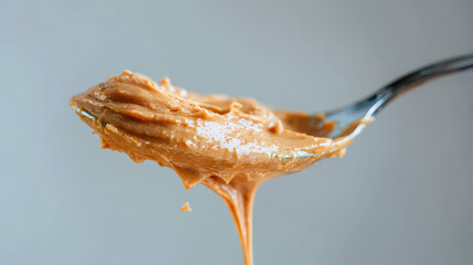 Spoonful of peanut butter, capturing its delightful texture and rich color, evokes sense of comforting and indulgent nutty flavor