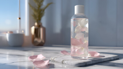 Floral Infusion: A clear bottle with delicate pink and white petals rests on a marble surface. Serene light.
