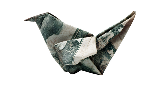 Dollar in origami crane isolated on white
