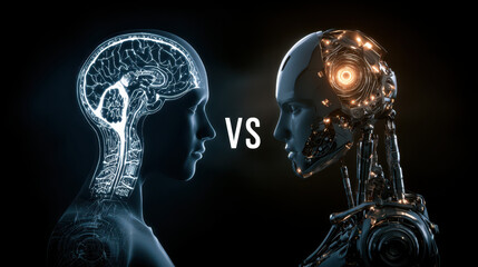 Human brain versus an AI robot, feeling tension and anticipation of competition, head to head