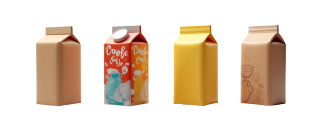 A set  four different colored milk cartons on a white background.