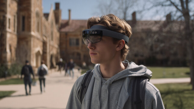A student walking through a university campus, viewing class schedules, friend locations, and live AR campus alerts via smart glasses.  - Powered by Adobe