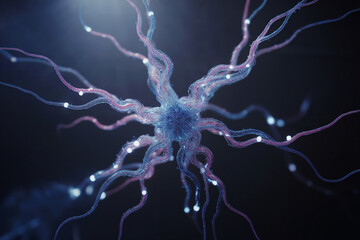 A highly detailed 3D render of a neuron cell against a dark blue background. The neuron has a central soma with multiple long, branching dendrites extending outward in a star-like pattern. 