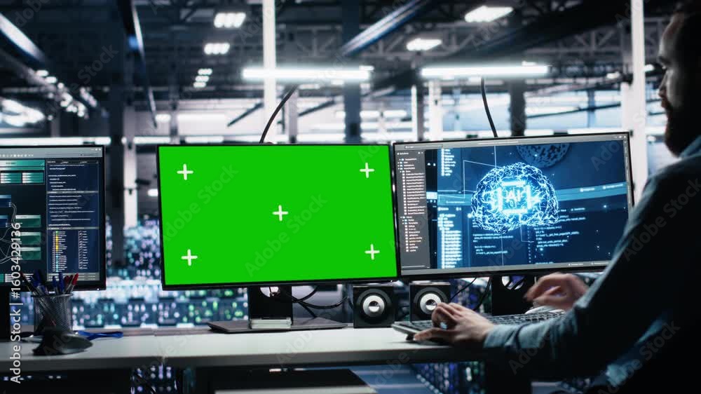 Poster server room technician using ai on green screen pc to review diagnostics. it worker in data center a
