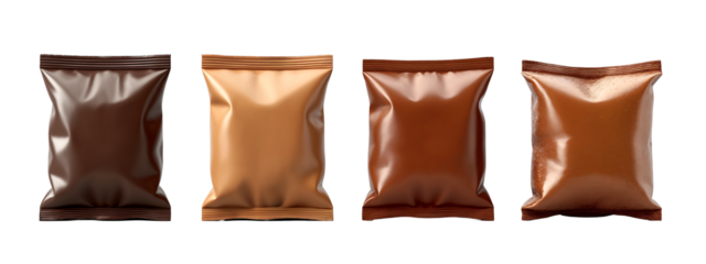 A set  four brown and gold foil bags on a white background.