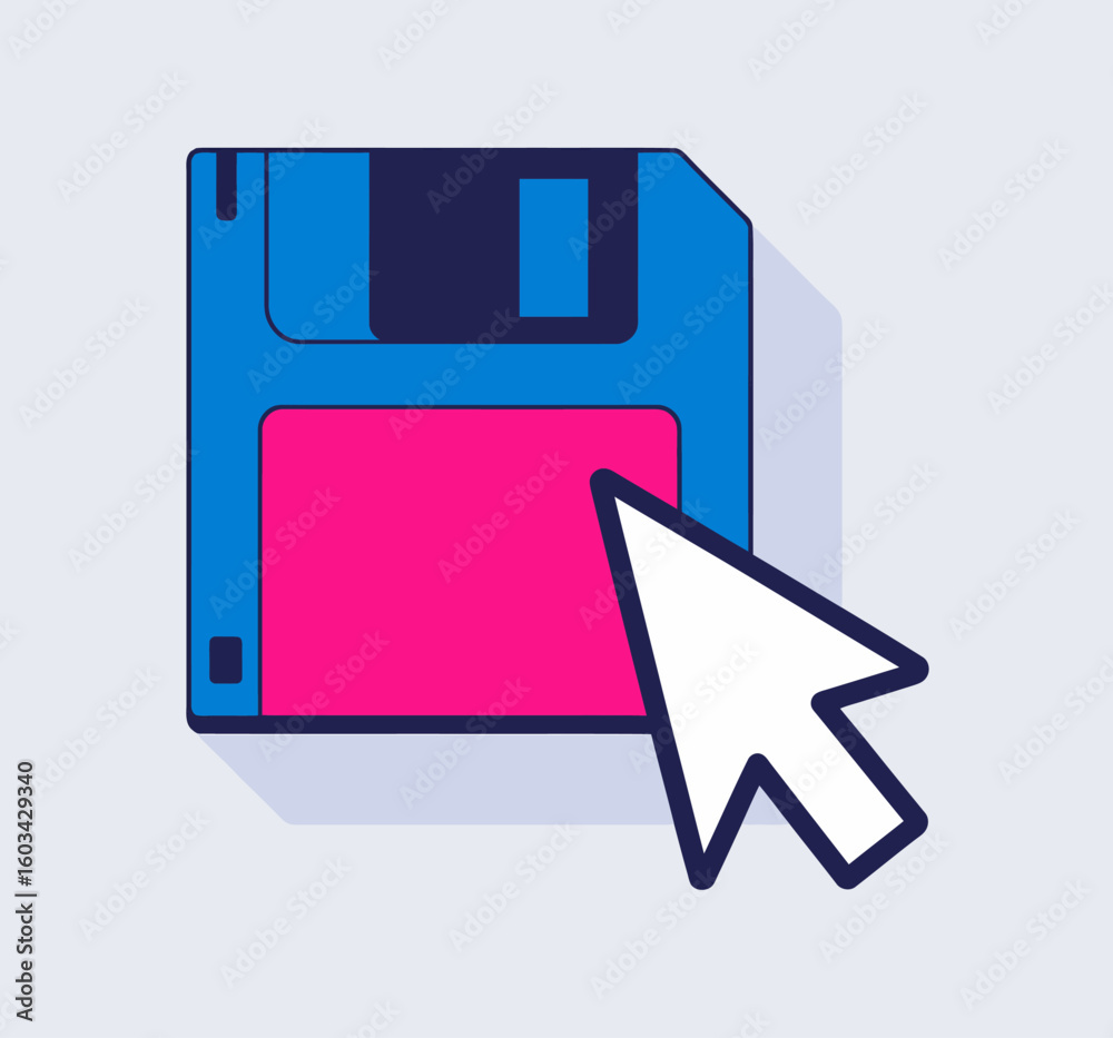 Fototapete an illustration featuring a vintage floppy disk with a computer cursor pointing at it, symbolizing r