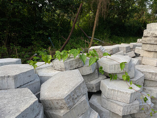 Pile of hexagonal pavers, flooring or concrete block paving, side view, on the edge of green trees