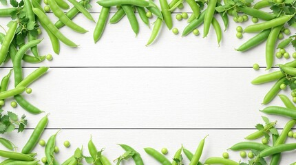 Fresh sugar snap peas with green leaves and tendrils arranged in a frame on white painted wooden boards, top view. Healthy vegetable, organic food, farming, banner or menu concept