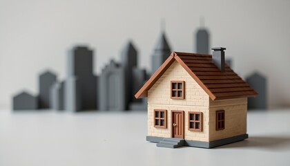 Close Up Of Small Detached House Model With Urban Skyline Behind, Symbolizing Property Investment And Home Buying, Soft Neutral Background, Room For Text.