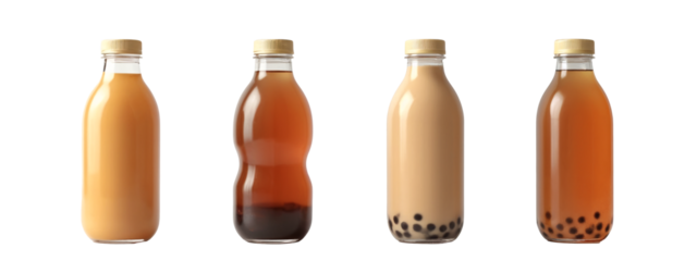 A row  four bottles  bubble tea on a white surface.
