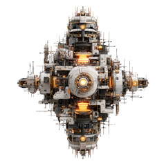 Abstract, symmetrical, mechanical structure.  Complex, intricate design of  interlocking gears, tubes, and glowing components