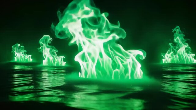 Emerald water with erupting green flames and smoke