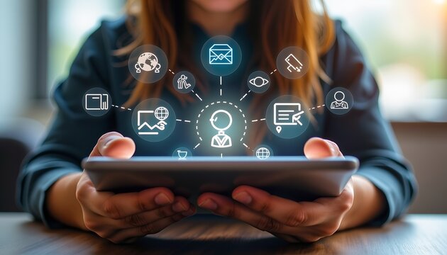 Student'S Hands Learning From Tablet With Academic Overlay Icons, Theme Of Lifelong Learning And Global Education Access, Frontal Lighting With Soft Shadows. - Powered by Adobe