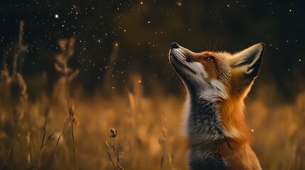Red Fox Gazing at Night Sky Among Golden Grass