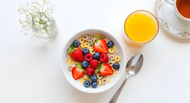 Flat lay of a bowl cereal at breakfast table, clean look