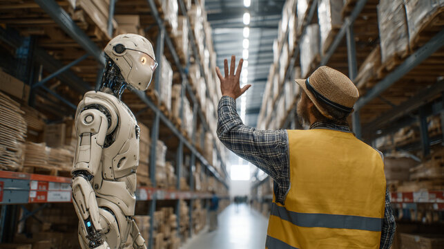 A warehouse worker waving to a humanoid AI that assists with inventory, both standing beside shelves glowing with augmented tags. 