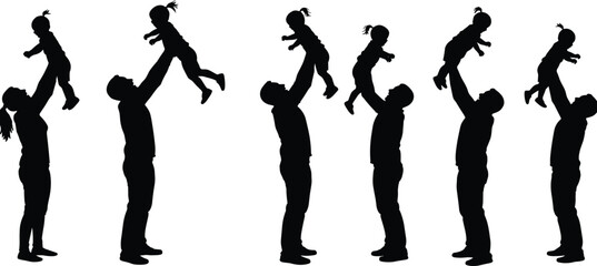 Silhouette of parents lifting children, happy family moments, parenting love, father daughter bonding, joyful childhood, parental care, playful parenting.


