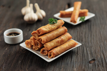 Fried Spring Rolls, Chinese Lumpia on White Plate