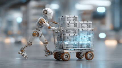 A robot pushing a cart loaded with smart crates that display dynamic QR codes and holographic info for destination sorting.
