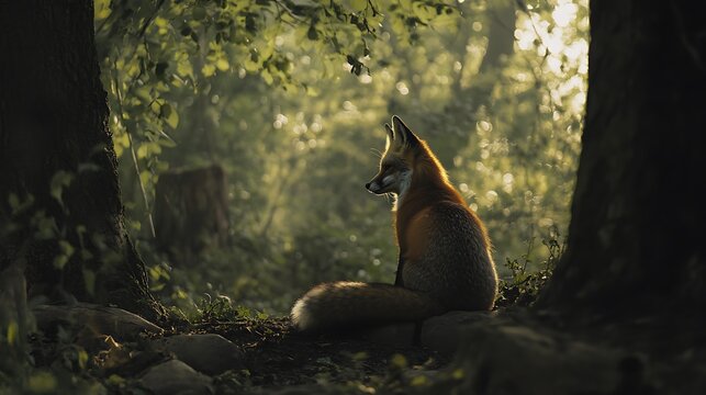 Red Fox Sitting Serene In A Forest Setting - Powered by Adobe