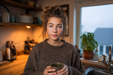 Portrait of a young caucasian woman in a cozy sweater holding a warm drink in her kitchen
