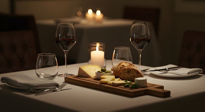 Candlelit Dinner Ambience: A romantically lit dinner table setting showcases an array of culinary delights: gourmet cheese and crusty bread, all set against a backdrop of soft candlelight.