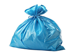 Fototapeta premium Bright blue trash bag tied shut and isolated on transparent background