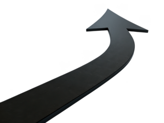 A dark curved arrow pointing upwards and to the right isolated on transparent background