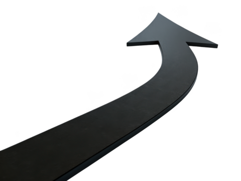 A dark curved arrow pointing upwards and to the right isolated on transparent background