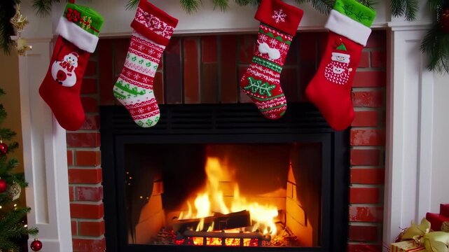 Christmas socks stockings for gift on the fireplace