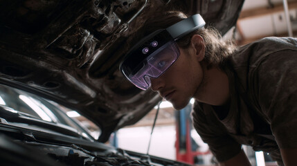 A mechanic under a car hood in a garage, wearing AR goggles projecting real-time diagnostics and animated repair guides.