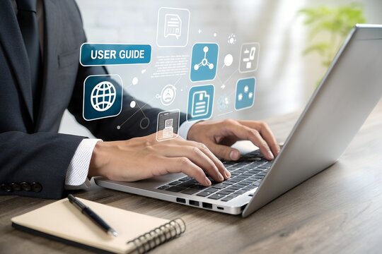 Businessman using laptop with virtual user guide icon for business service. User manual guide, Online instruction manual and strategy advice.