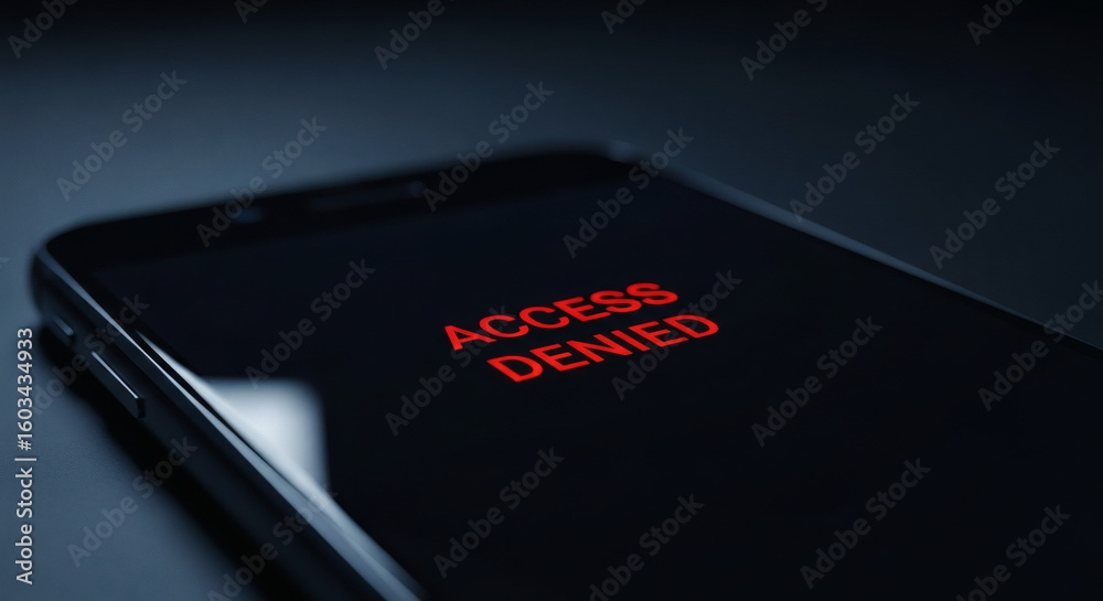 Poster smartphone displaying 'access denied' message in red, symbolizing security issues