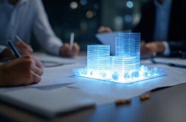 Architects collaborate on a futuristic urban plan with a glowing building model during a late night design session, fostering innovation and
