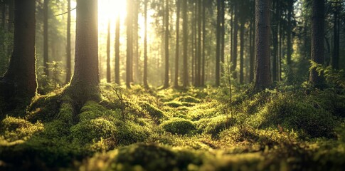 Fototapeta premium Soft sunlight illuminates a serene and peaceful forest landscape, complete with lush greenery and tranquil pathways that are perfect for nature lovers to explore and enjoy