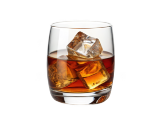 A refreshing glass of amber whiskey with ice cubes isolated on transparent background