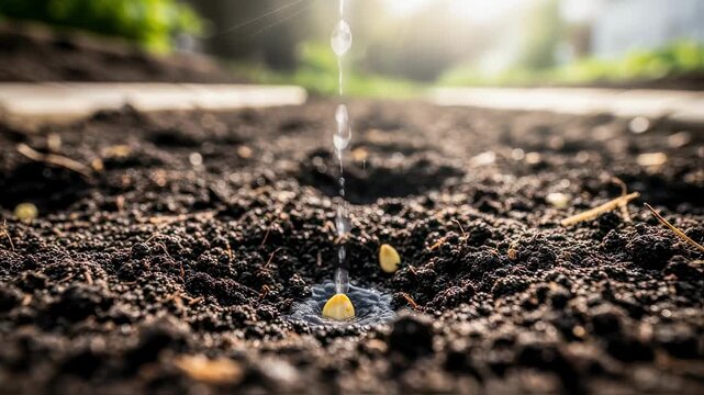 Water droplets falling onto newly planted seeds in dark fertile soil urban garden setting vivid textures.