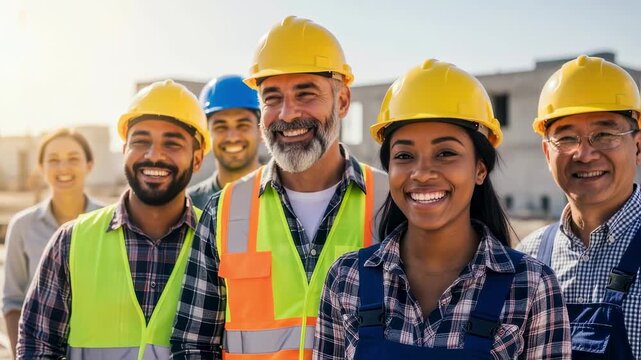 Group of contractors from diverse ethnicities smiling under sunny skies at building site.